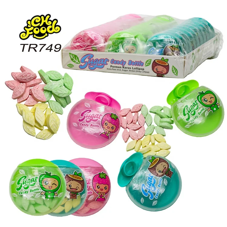 Wholesale New Fruit Flavor Leaf Shape Tablet Hard Candy Packing in Small Bottle Funny Toy Candy Sweets for Kids OEM Halal Sweets