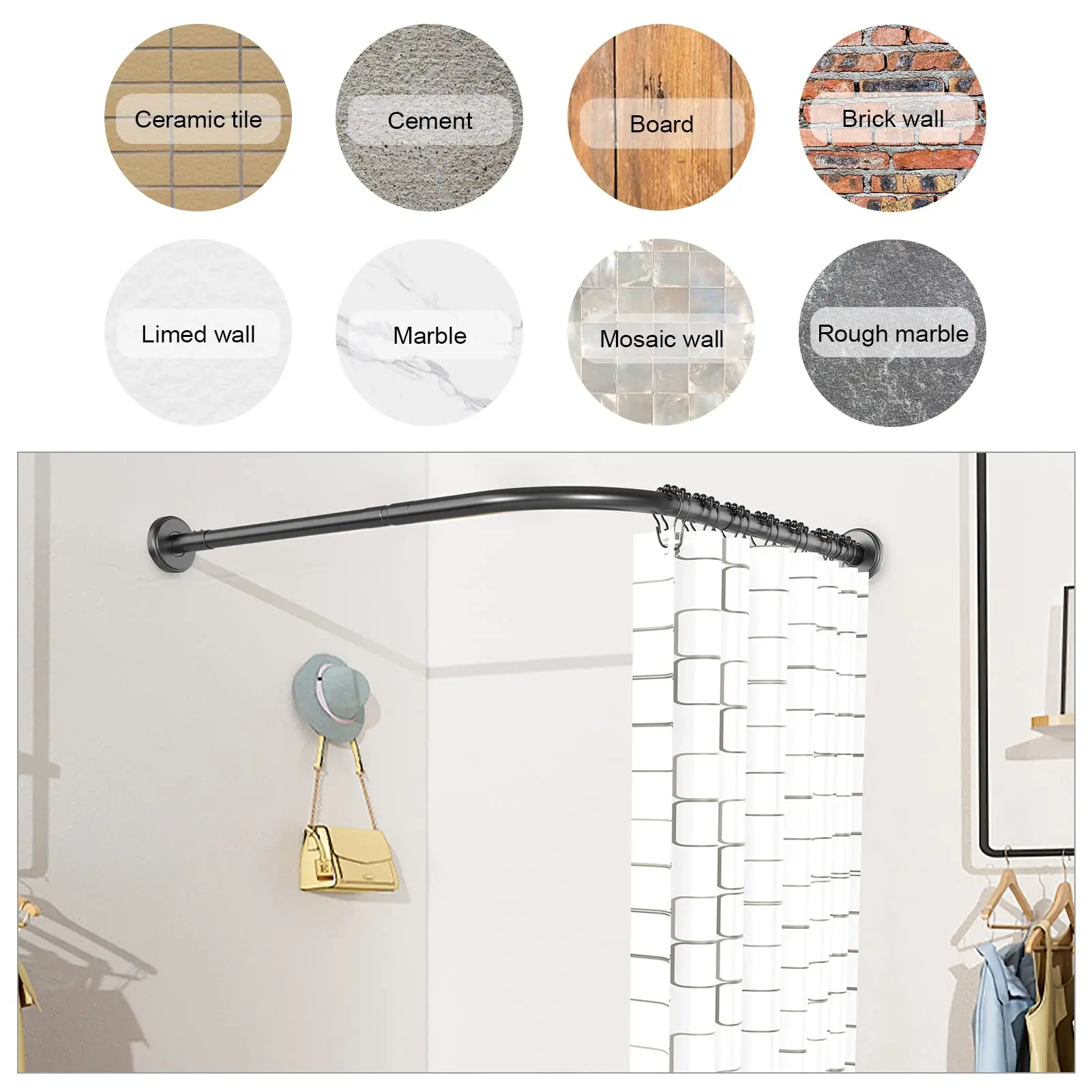 Extendable Corner Free Standing Shower Curtain Rod Tension Retractable
