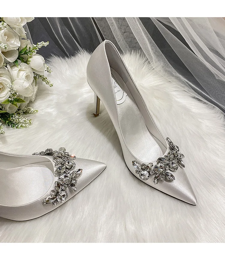 Wedding Crystal Bridal Shoes Champagne Satin Dress Bridesmaid Shoes White  Stiletto High Heels Shoes