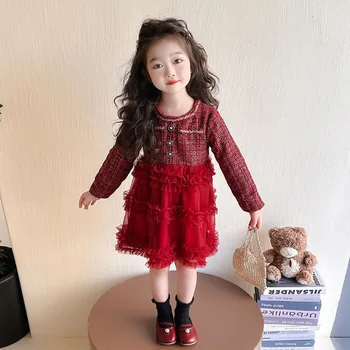 Girls' Princess Dress Autumn 2025 New Stylish Children's Birthday Holiday Dress Girls' Tulle Red Cake Dress