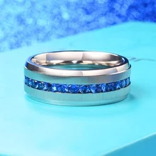 8MM Beveled Edge Blue GEM Mens Cubic Zircon Stones Silver Wedding Ring Fashion Rings Titanium Jewelry For Women Men