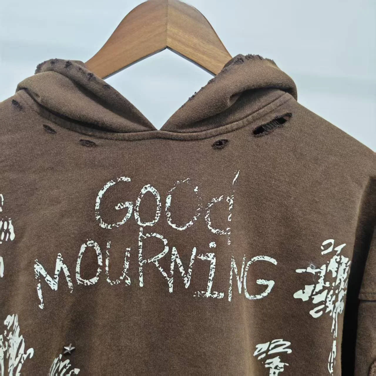 Vintage Distressed Brown Palm Tree Letter Print Men Oversized Pullover Hoodie Cut Out Sleeve Skater Street Casual Outer Top gallery 3