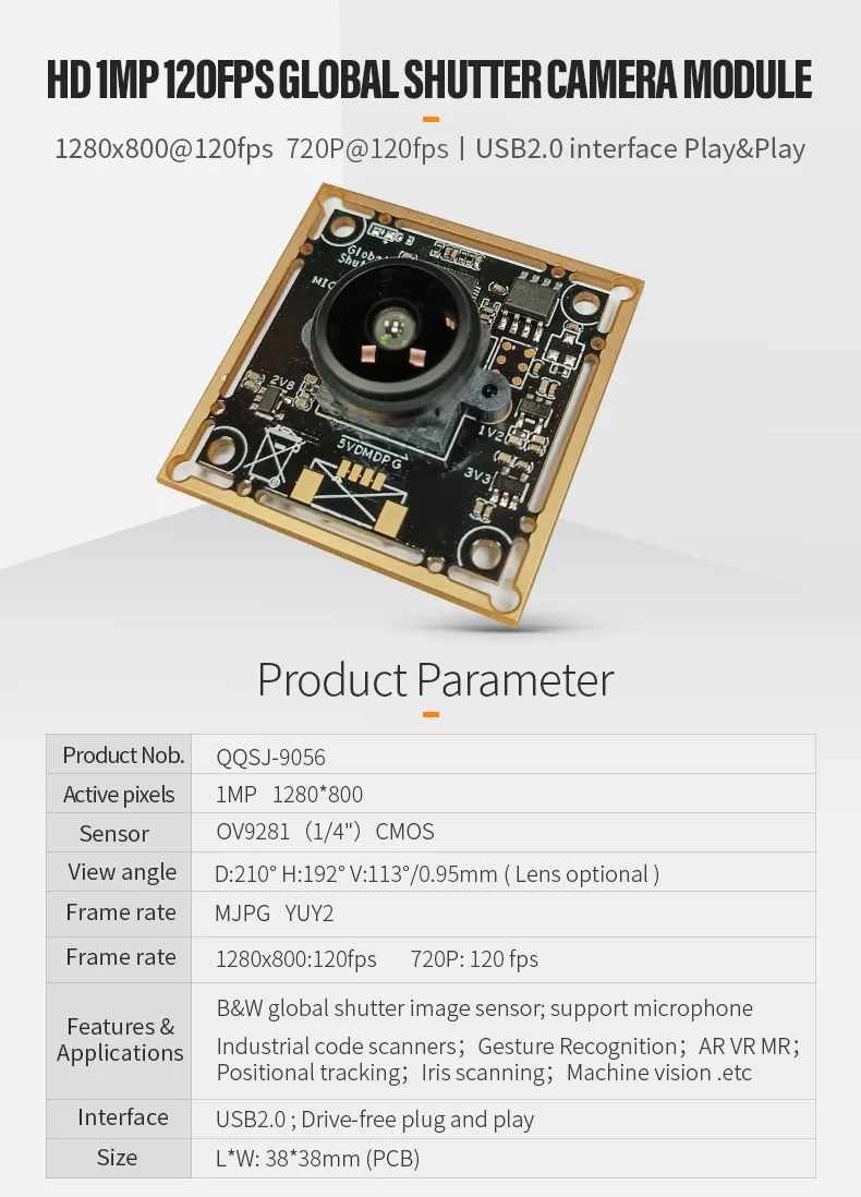 DGZX 720P Global Shutter Camera Module OV9281 High Frame Rate 120fps QR Code Scanning Machine Vision Capture/Detection插图