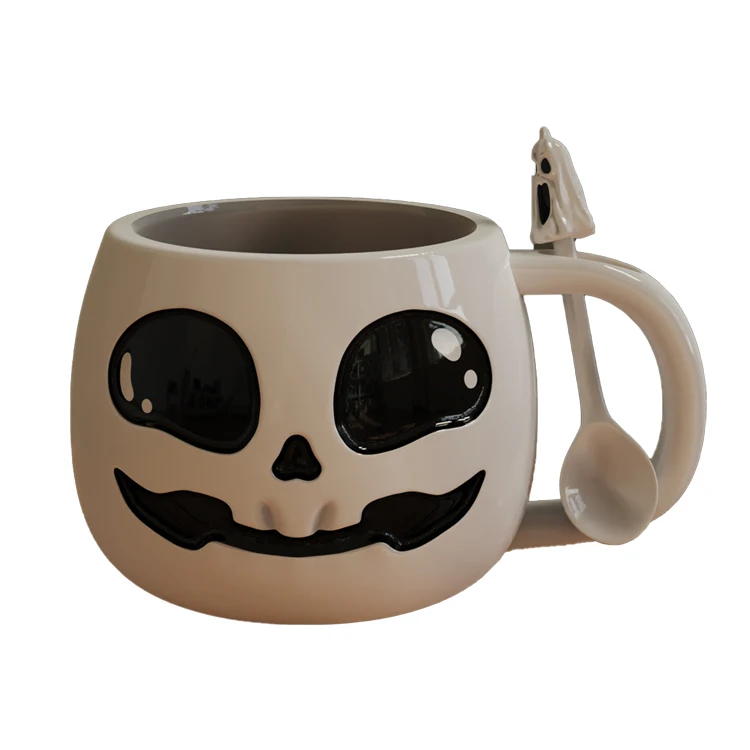 Custom Embossing Printed Ceramic Mug Porcelain Santa Jack Skellington 3D Ceramic Nightmare Christmas Sculpted Soup Mug Spoon