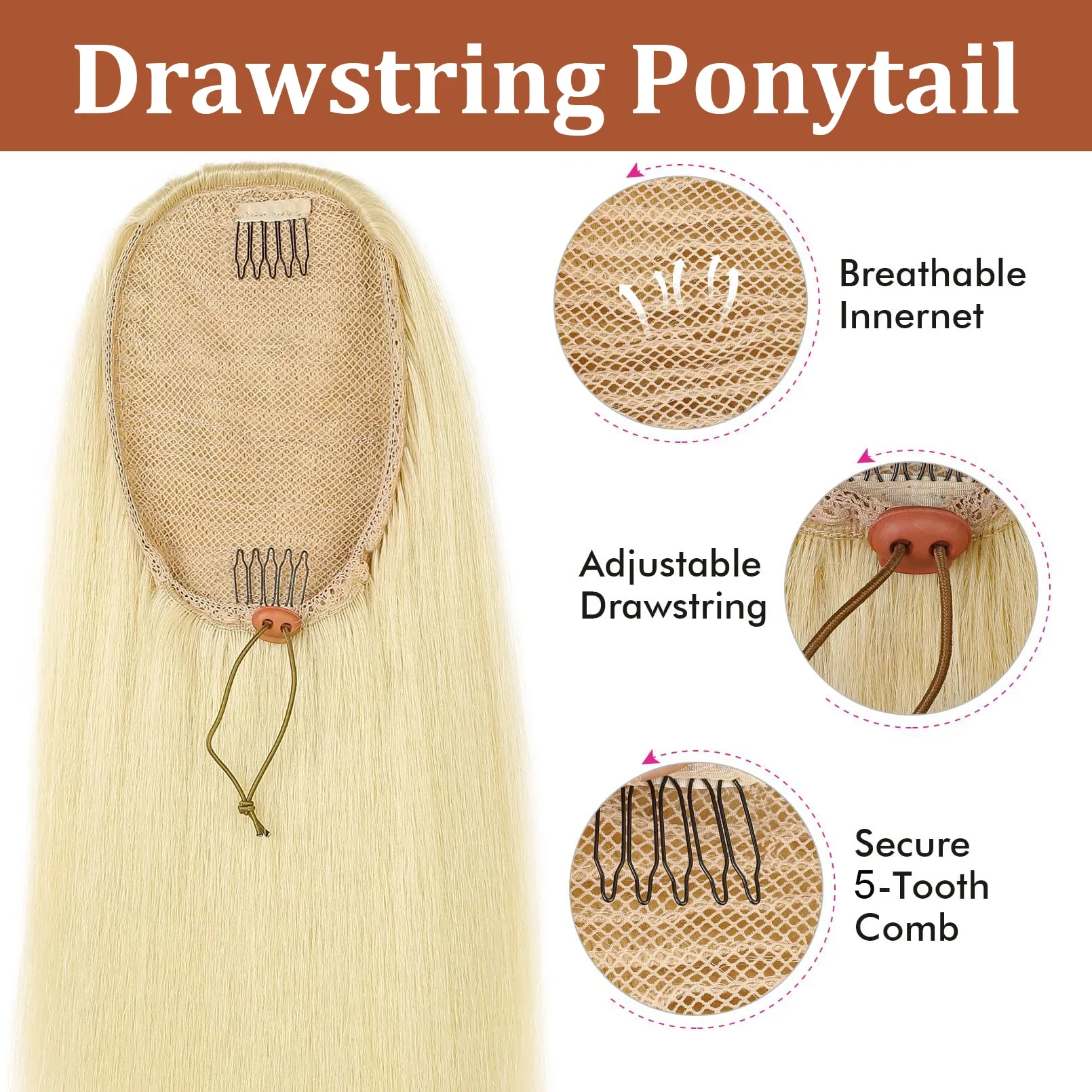 613 Blonder Pferdeschwanz mit Kordelzug zum Anklipsen, Echthaar-Extensions, glatter Pferdeschwanz zum Anklipsen, glattes Echthaar, 16-26 Zoll, für Frauen_voghion.com