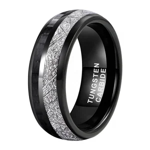 Coolstyle Jewelry 8mm Wholesale Meteorite Carbon Fiber Inlay Black Tungsten Ring for Men Women Fashion Engagement Wedding Band