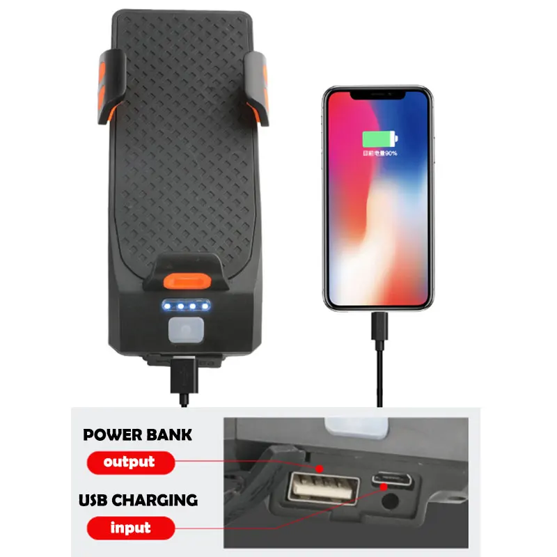 Supporto Telefono Bici 4-in-1 Con Luce LED, Clacson E Power Bank – Accessorio Multifunzione Per Ciclismo Notturno