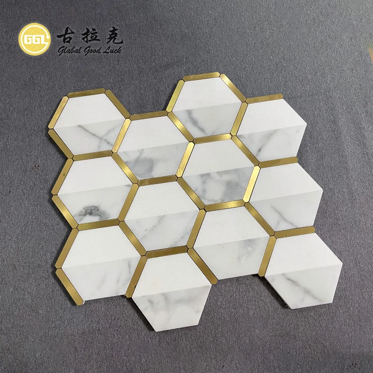 Natural Marble Mix Brass Hexagon Design Interior Decor Mosaic Tile supplier