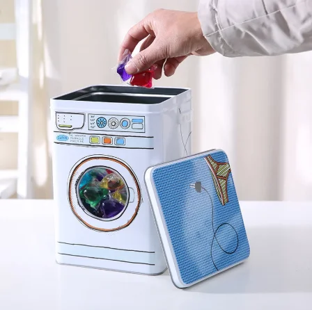 Custom Washing Machine Shape Laundry Powder Laundry Detergent Storage Tin Box with Plastic Handle and Body Window