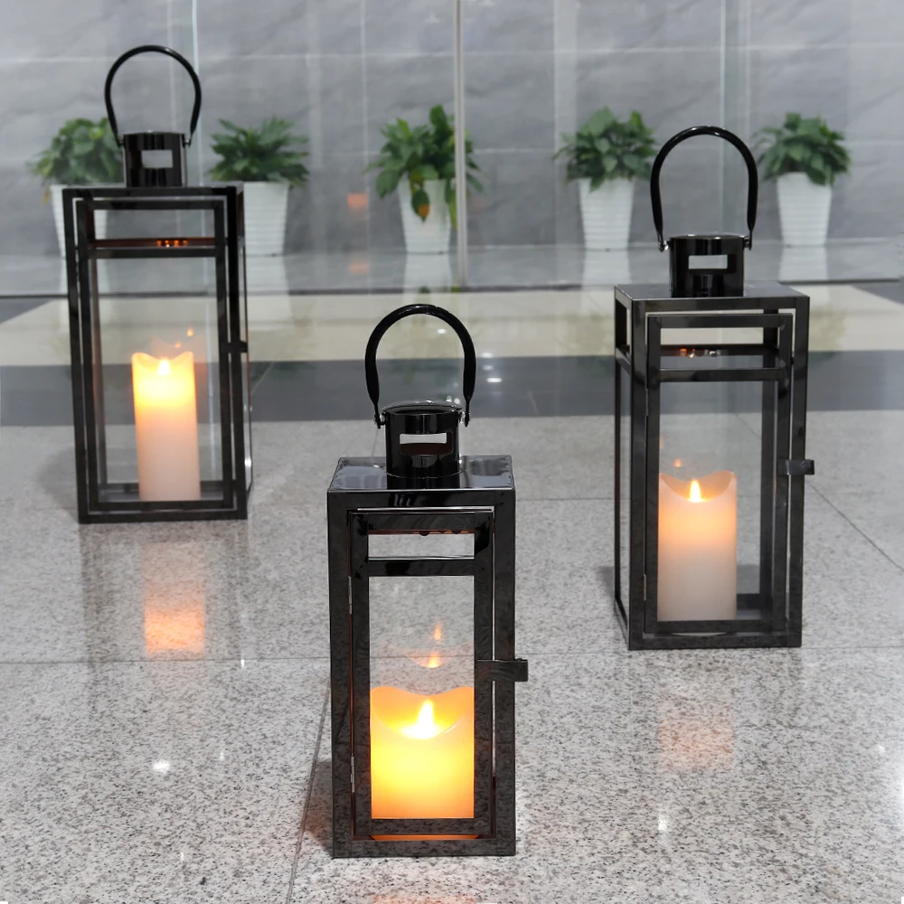 Large Black Stainless Steel Candle Lantern Garden Hanging Metal Candle Holder Home Outdoor Empty