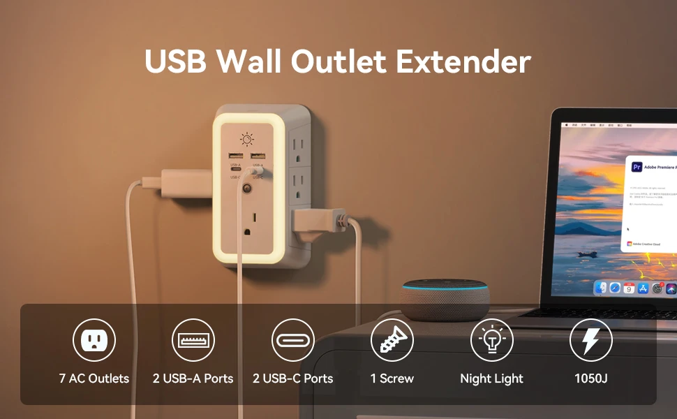 ETL List Multi Plug Wall Charger Surge Protector 7 Outlet Extender with 4 USB Charging Ports 1680J Power Strips with Night Light