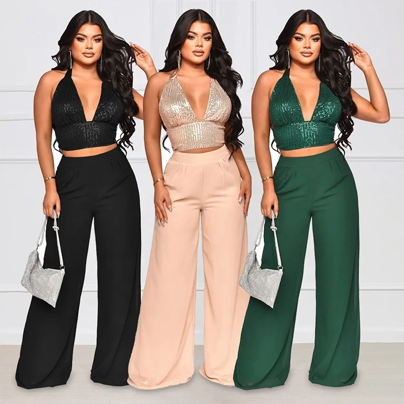 Womens Two Piece Palazzo Pants Sets Luxury Sequin Crop Top Wide Leg  Trousers Matching Summer Track Suit Black Jumpsuit