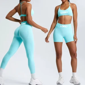 Women's Gym Sets Fitness Halter Sports Bra Butt Lifting High Waist Scrunch Sportswear 3 Pcs Seamless Workout Sets