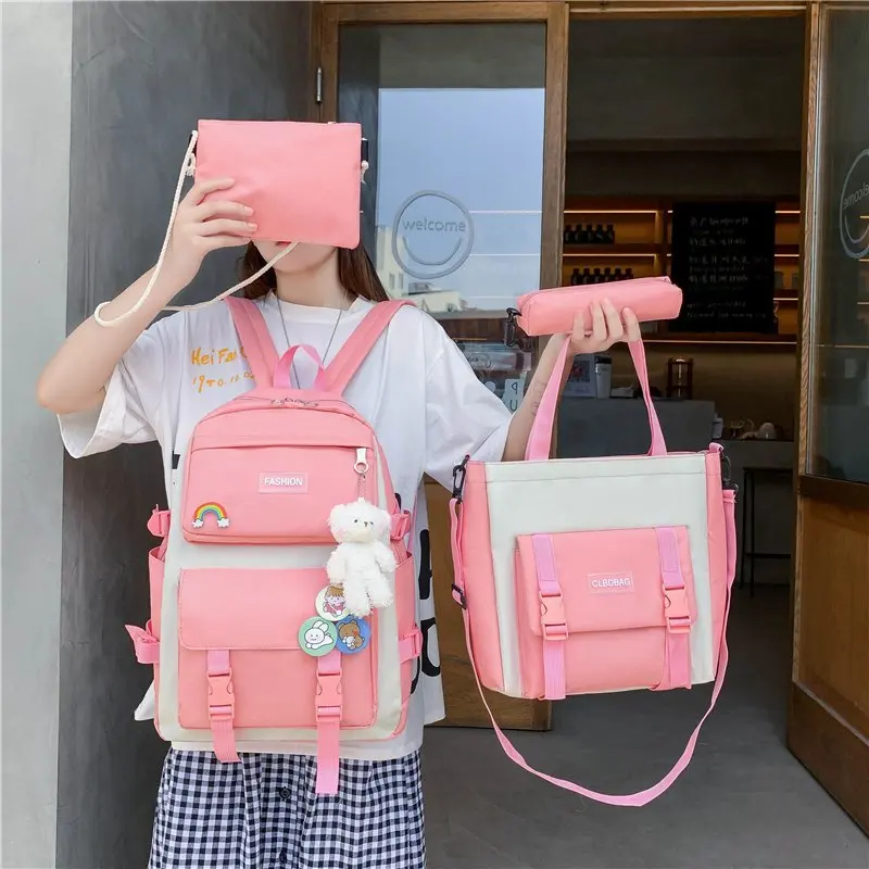 2021 New 4 Pcs in 1 College High School Girl Schoolbag Backpack Set Custom logo Brand 17 Inch Laptop Backpack Bookbag Set
