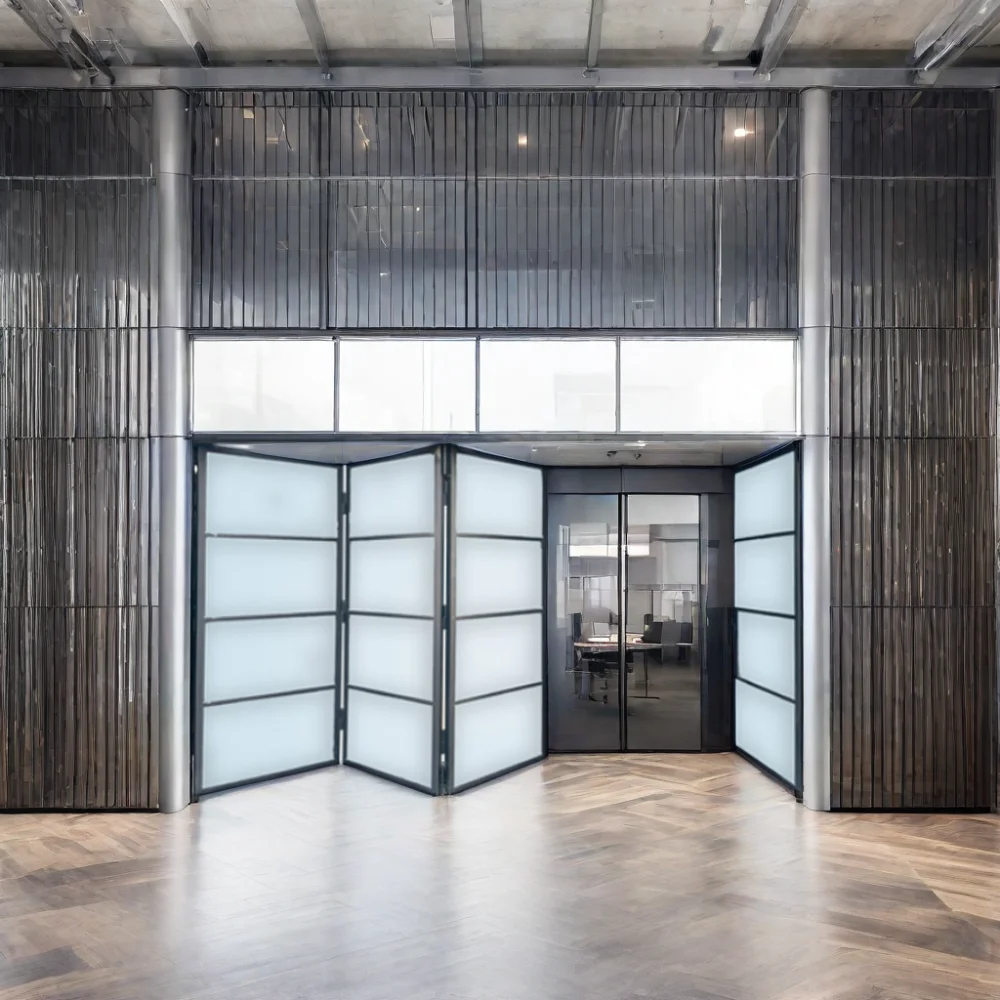 Modern Design Threepanel Galvanized Iron And Glass Accordion Bifolding Entry Door With Rollers