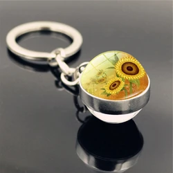 Милый модный женский брелок для ключей LWK70038, подарки, художественная картина, двухсторонний стеклянный шар, Подсолнух, брелок, аксессуары
