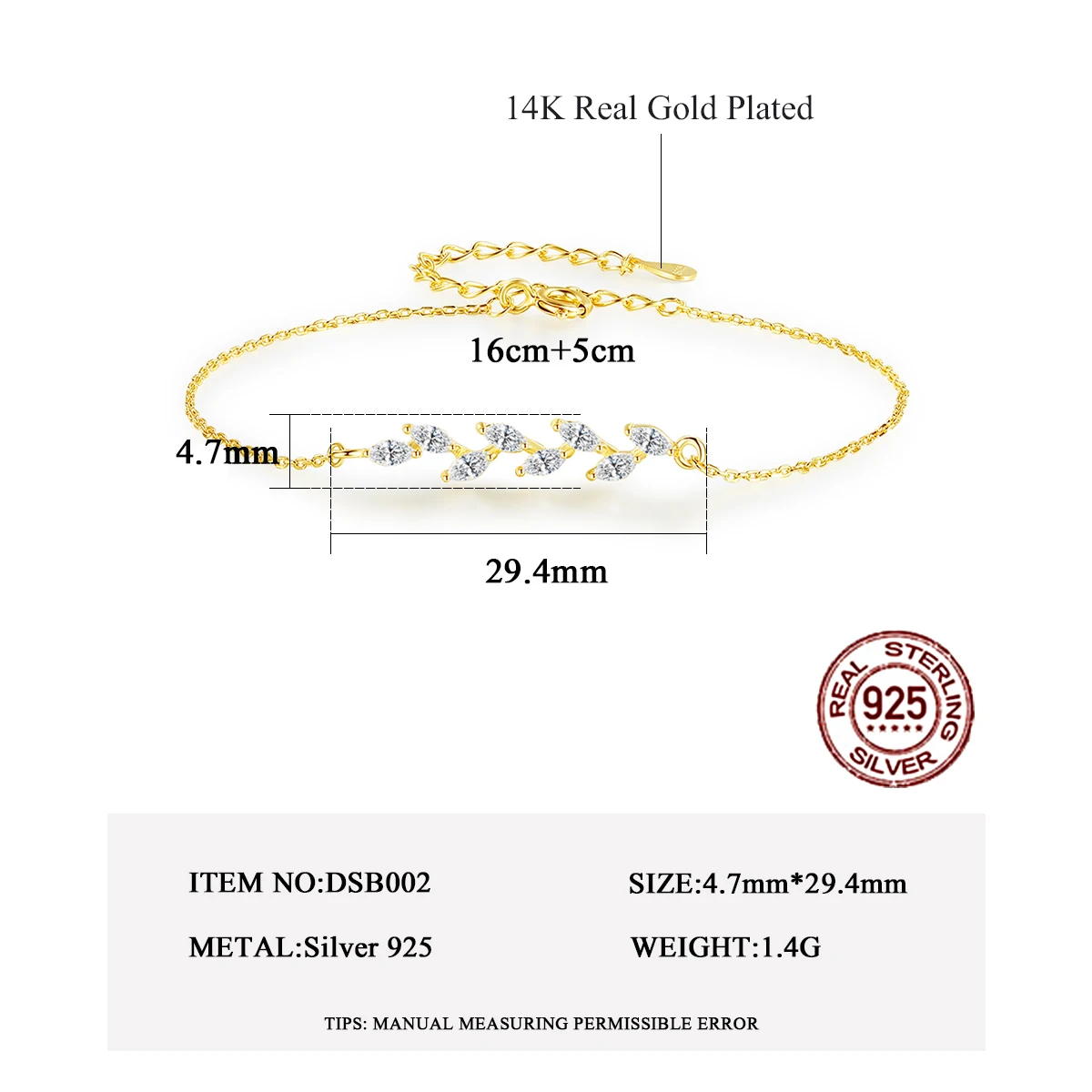 CZCITY Designer CZ Charm Hand Dainty 925 Link Chain Adjustable Charm Leaf Sterling Silver Bracelet