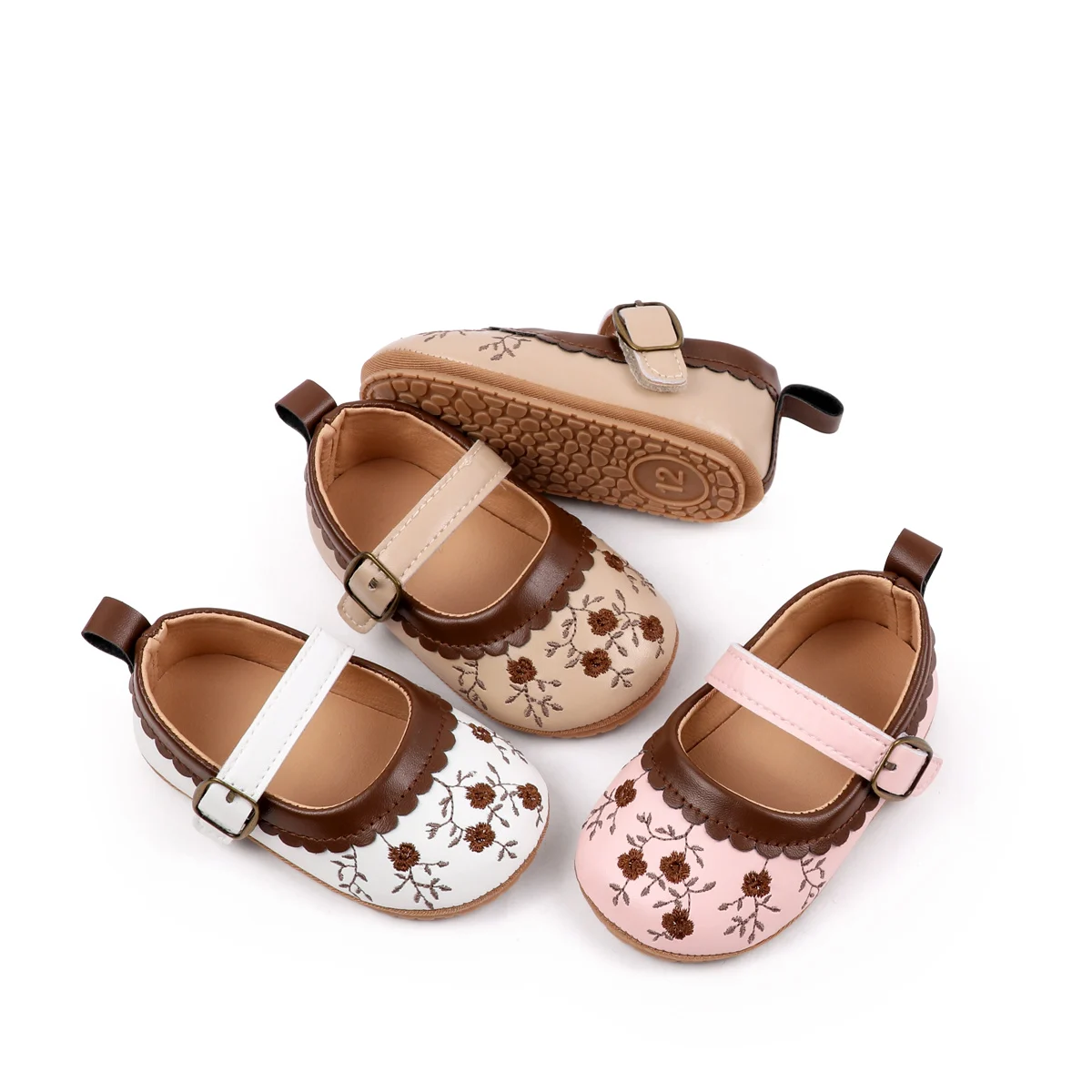 Unique Flower Embroidery Design PU Material Toddler Baby Shoes for Girls