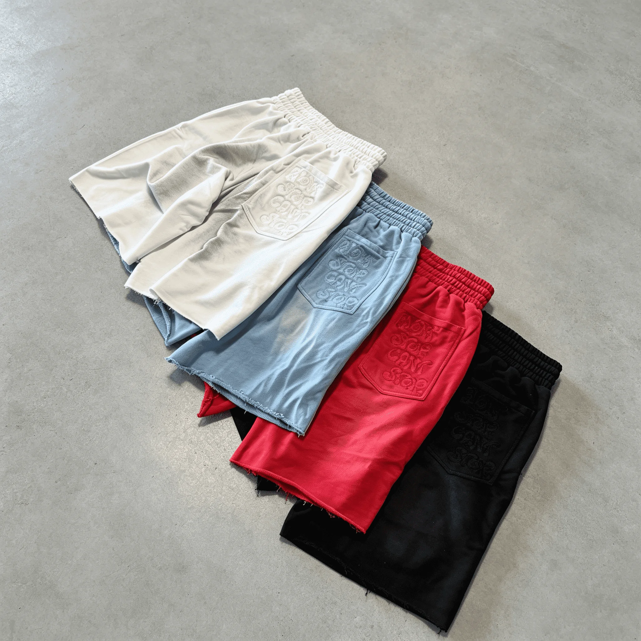 Custom Logo Heavyweight French Terry Patch Letter Sweat Shorts Raw Edge Splash Ink Loose Drawstring Streetwear Shorts for Men gallery 2