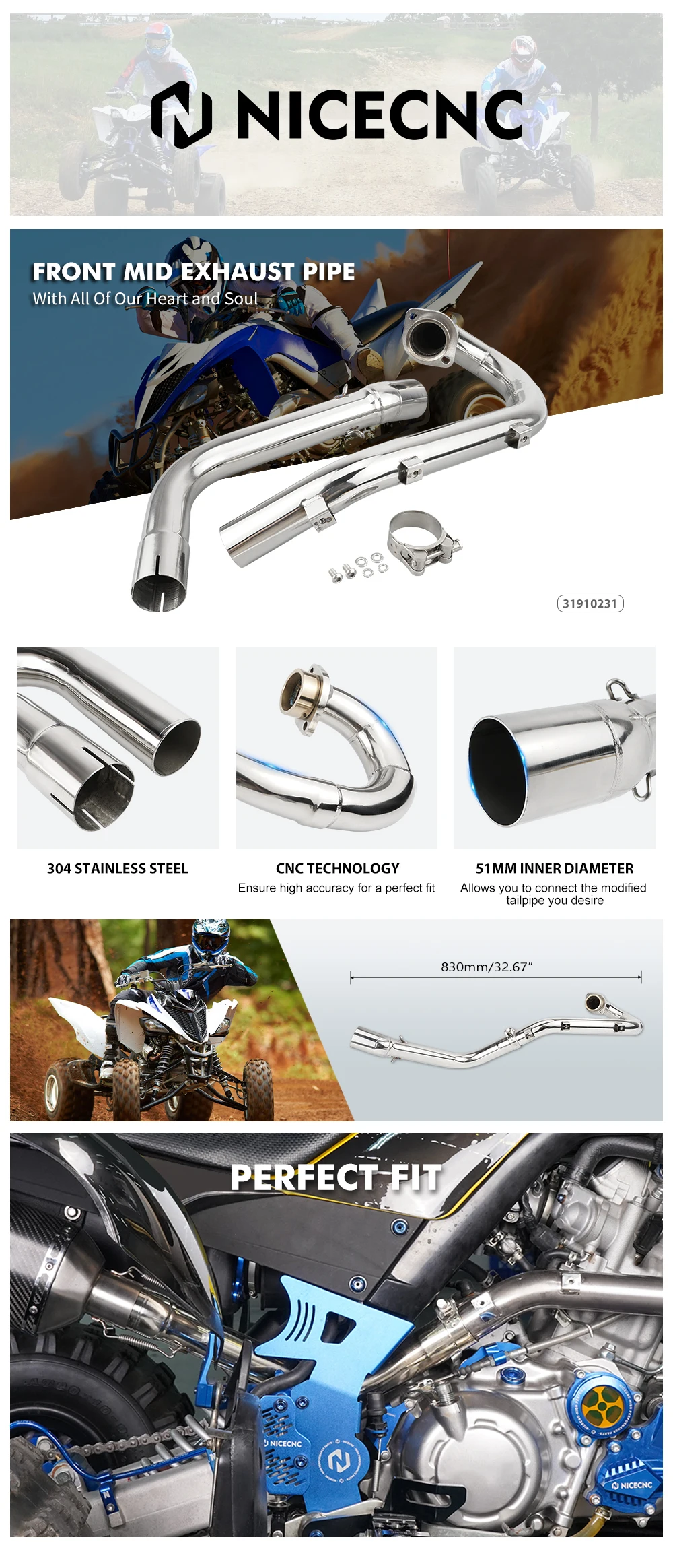 Nicecnc Front Silencer Mid Exhaust Pipe For Yamaha Raptor 700 Yfm700