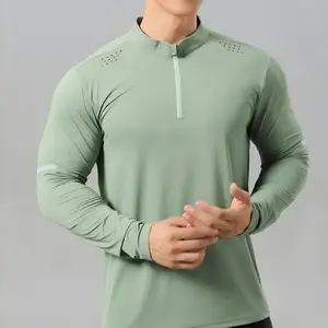 Spring Autumn Quick Dry Breathable Solid Color Nylon Men's Fitness Sports Long Sleeve T-shirt Men's Semi Zipper Stand Collar Top