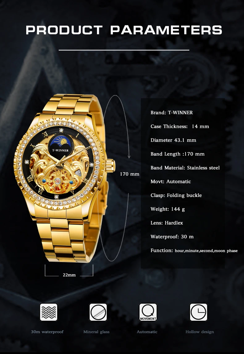 Men's Automatic Mechanical Watch Vintage Rhinestone Skeleton Design_voghion.com