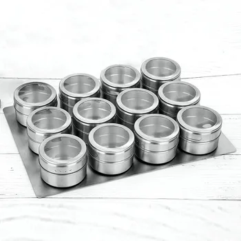 Upgrade Magnetic Spice Jars 12pcs with Wall Mounted,Stainless Steel Spice Tins with Lid and Small Holes for Sprinkle Rust Free E
