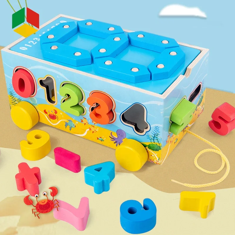 QS Toy Children Digital Building Block Drag Car Porous Cognitive  Matching Color Geometric Intelligence Car in Birthday Gift