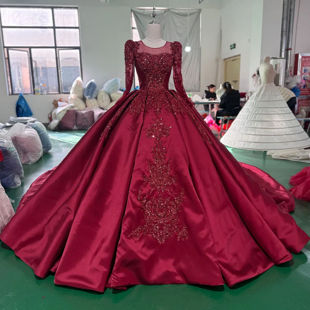 Extravagant Red Satin Ball Gown Wedding Dress Glitter Appliques Pearls Xs121