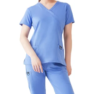 Customized Women's Woven Spandex Medical Scrubs Sets with Shot Sleeve Top Pants for Hospital Uniforms OEM Custom Logo