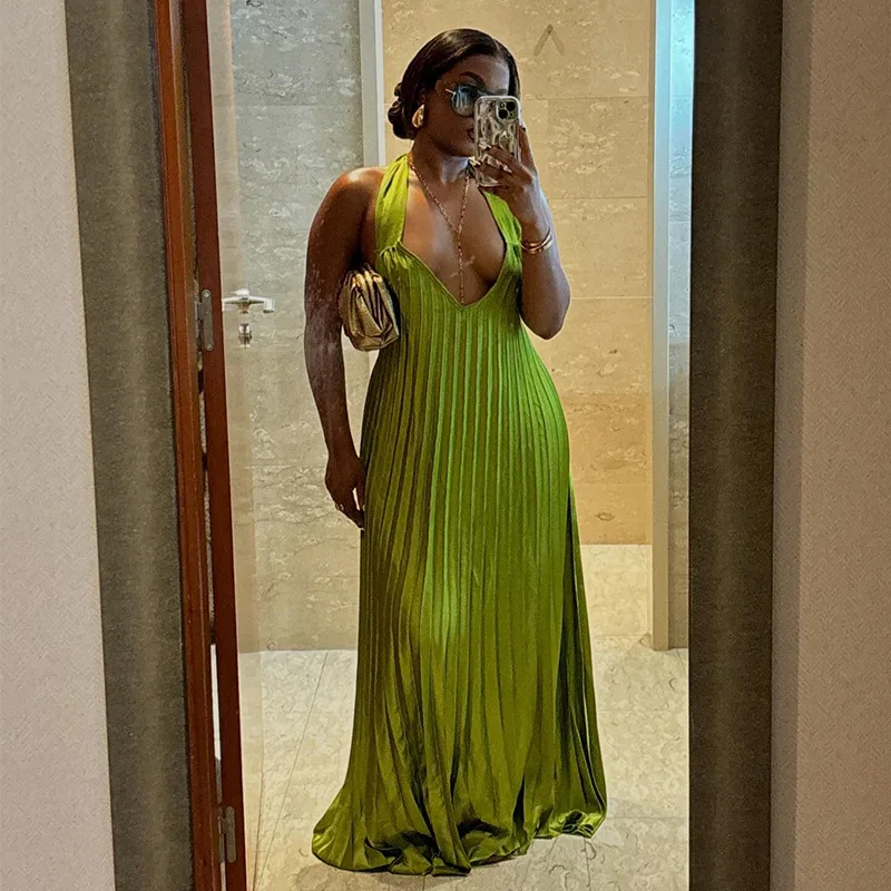 Good Quality Solid Color Pleated V Neck Halter Elegant Ladies Casual Maxi Dresses