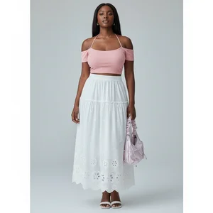 Fashion Women's A-Line Skirt Solid Color Splicing Hollow Heavy Embroidery Natural Waistline Breathable Casual Summer