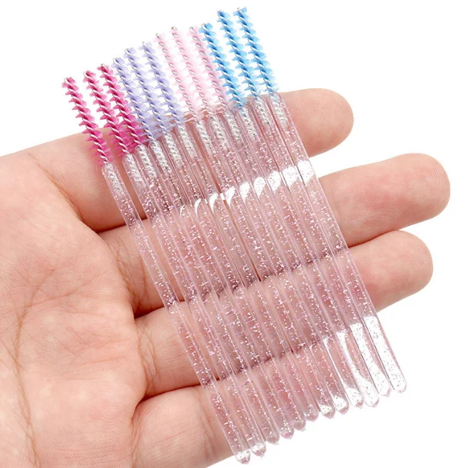 50pcs Disposable Crystal Pink Glitter Handle Straight Shape Mascara
