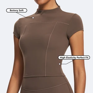 Wholesaler Custom Logo Fitness T Shirts Workout Crop Tops Fleece Sports T-shirt Slim Fit High Neck Gym Yoga Short Sleeve T Shit