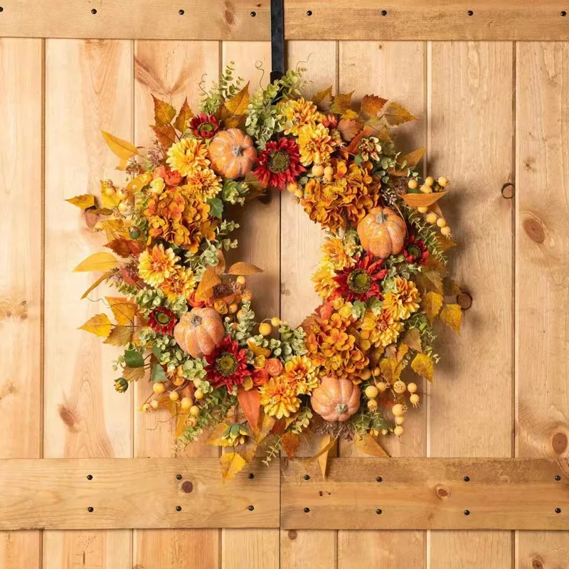 Front Door 21 Inch DIY Fall Harvest Hanging Decoration Grapevine Autumn Artificial Poppy Flower Wreath