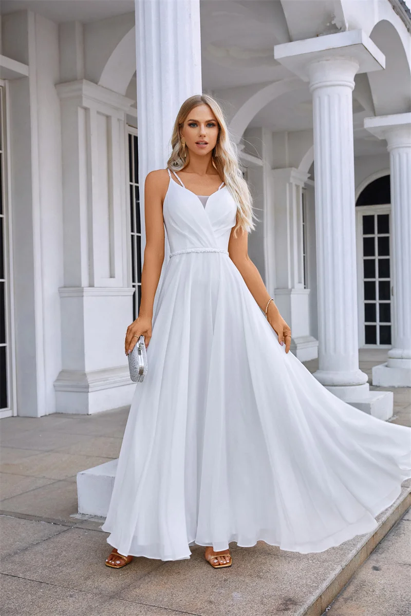 Wholesale White Chiffon Long Prom Dresses Wedding Party Wear Dress 2024