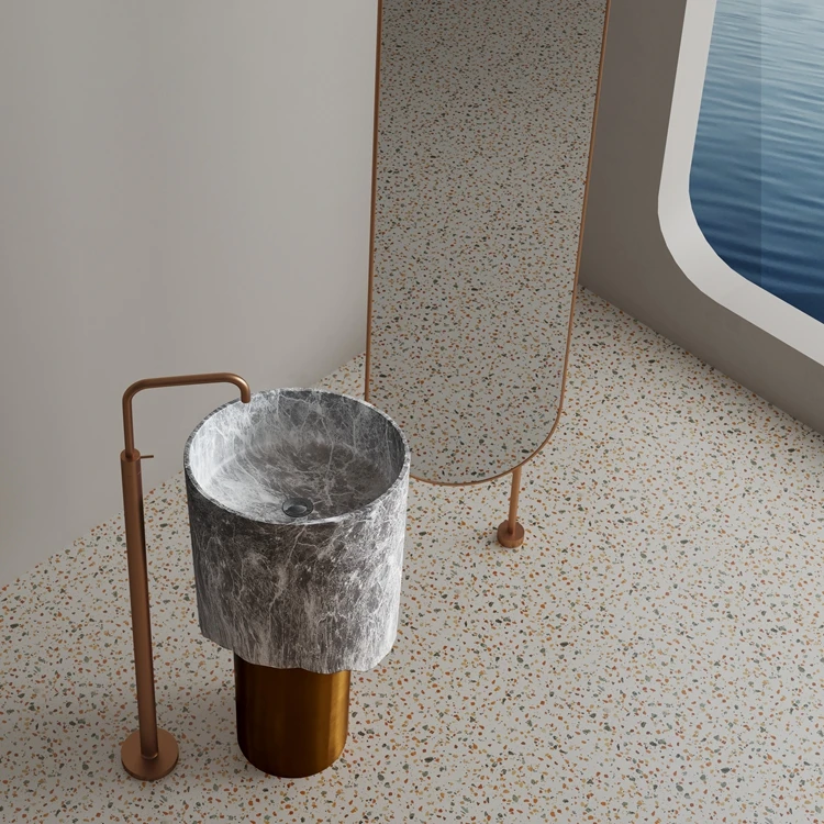 New Style Luxury Golden Stainless Steel Pedestal and Artifical Stone Art Wash Basin Combination Bathroom Free Standing Sink