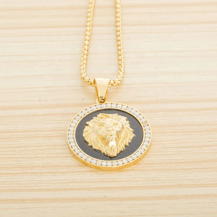 Cool Men Accessory Jewelry 18K Gold Plated Stainless Steel Black Enameled Lion Head Pendant Necklace