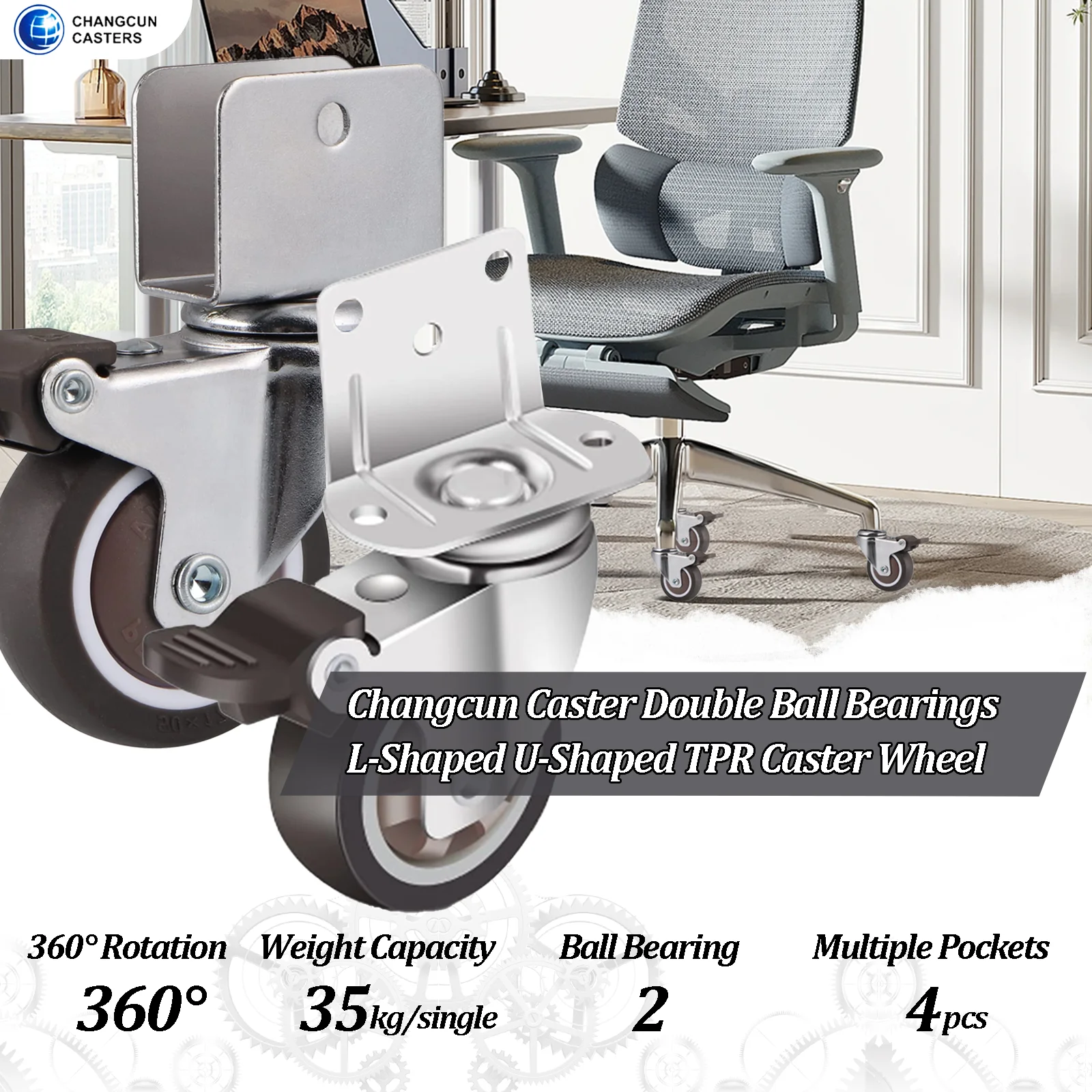 U Shape L Shape Side Mount Casters Furniture Caster Double Bearing Swivel TPR/PU Office Desk Caster Wheel With Brake