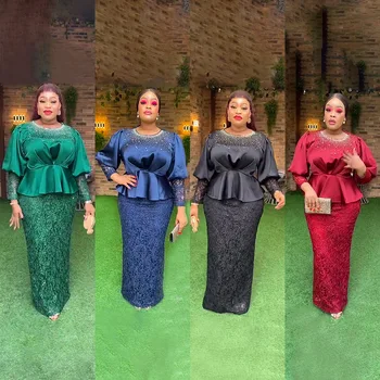 European and American L Plus Size Women's Christmas Party Evening Dress AliExpress Rhinestone Round Neck Lace