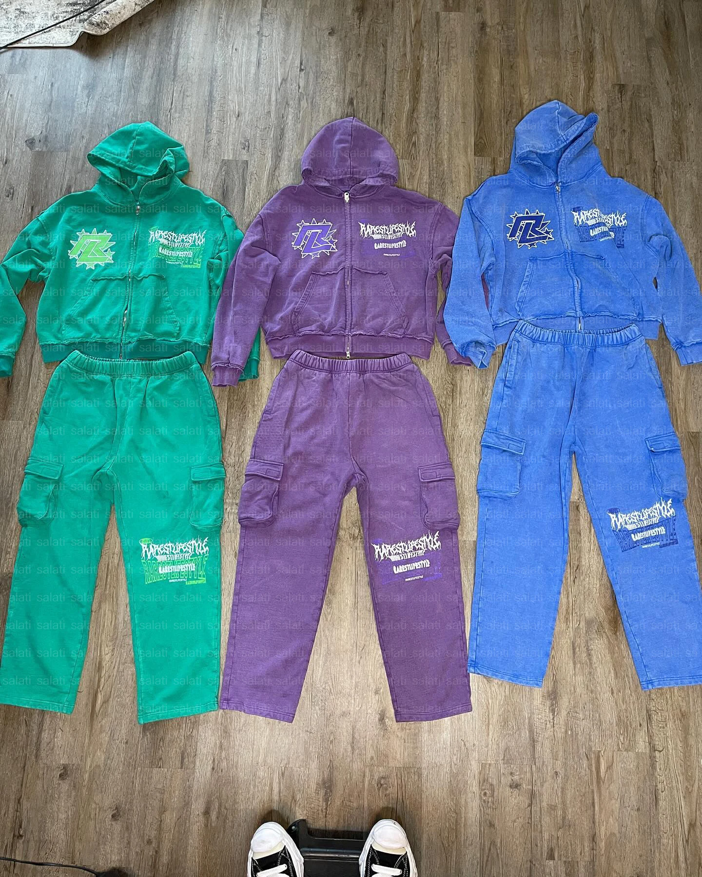 Custom Distressed Vintage Sweatsuit Acid Wash Sweat Suit Zip up Print Jogging Suit Tracksuit Cargo Sweatpants and Hoodie Set Men