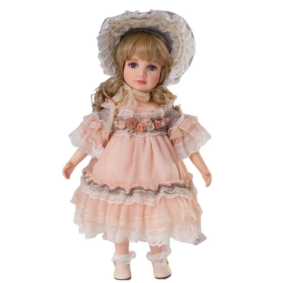 Vintage 18-Inch Classic Porcelain Doll with Exquisite Lace Dress Artificial Ceramic Model Toy for Girls Collection