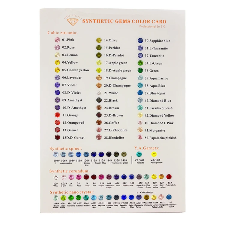 English Edition Synthetic Gemstone Spinel & Corundum & Cubic Zirconia Cz Color Chart for Reference