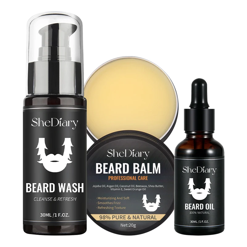 OEM ODM SheDiary Private Label Beard Kit For Men Grooming Organic Nourishing Refreshing Beard Oil Blam Wash Beard Care Set