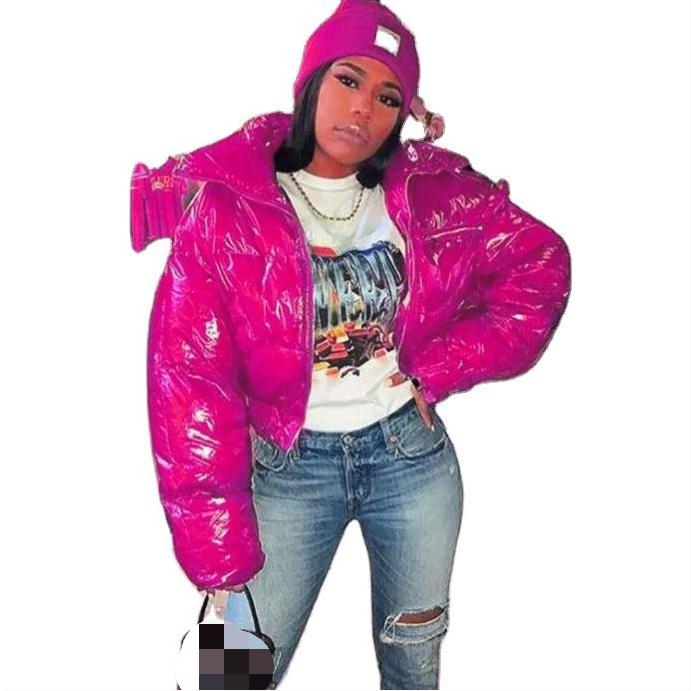 
 Блестящее укороченное Женское зимнее пальто ярких цветов с длинным рукавом, пузырьковое розовое пальто, пуховик  