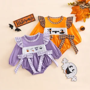 Autumn New Plaid Long Sleeve Bowknot Shirred Smocked Baby Clothing Jumpsuit Baby Rompers
