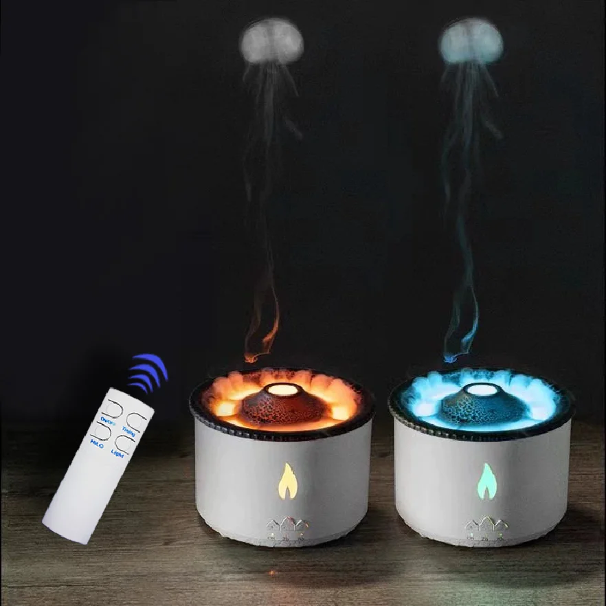 Simulation 3D Fire Flame Volcano Jellyfish Spray Aroma Essential Oil Diffuser Volcanic Humidifier with 2 Color for Home Office