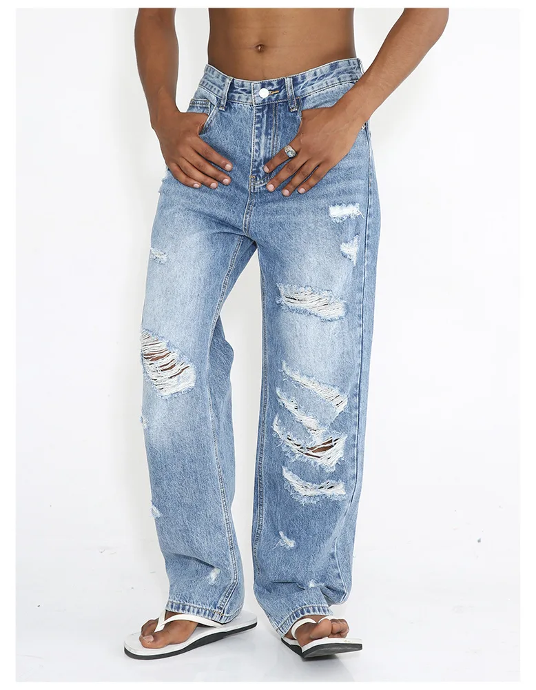 2024 Designer Denim zerstört gewaschen hellblau Mode zerrissene Männer Jeans_voghion.com