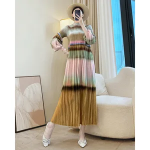 Miyake Pleated Dress Autumn New Color Block Design High-End Retro Plus-Size Casual Women's Dress
