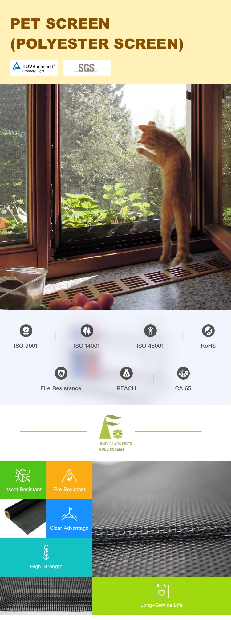 Jindi 15x10 / 14x10 Mesh Polyester Pet Fiber Window Screen Pet Screen